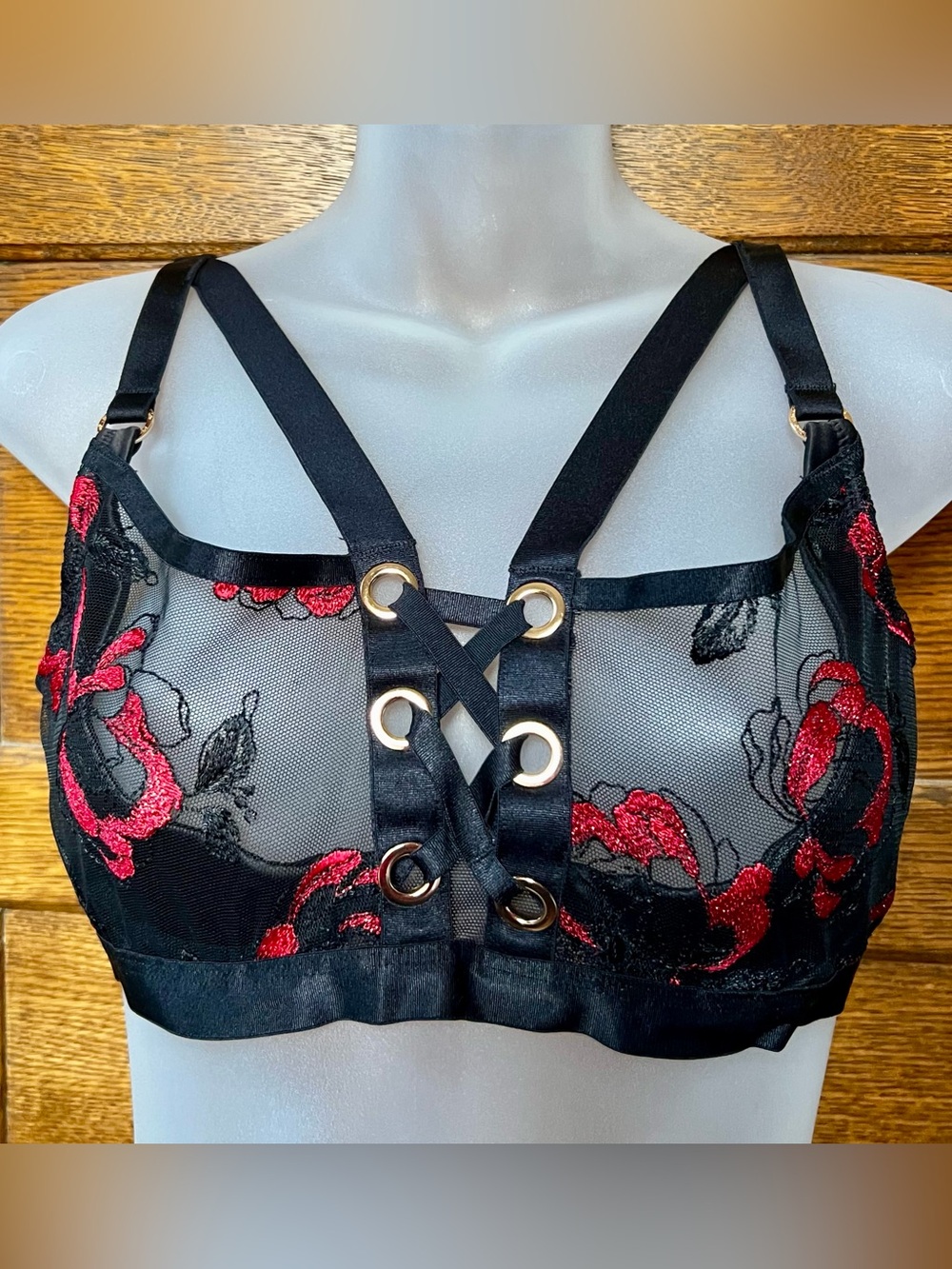 Honey Birdette Black Sheer Bra with Red Floral Embroidery and Lace-Up Front